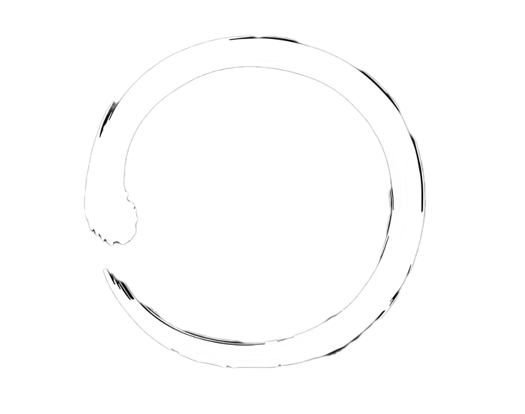 Minimalist black and white circular brushstroke design, resembling a Zen enso circle.
