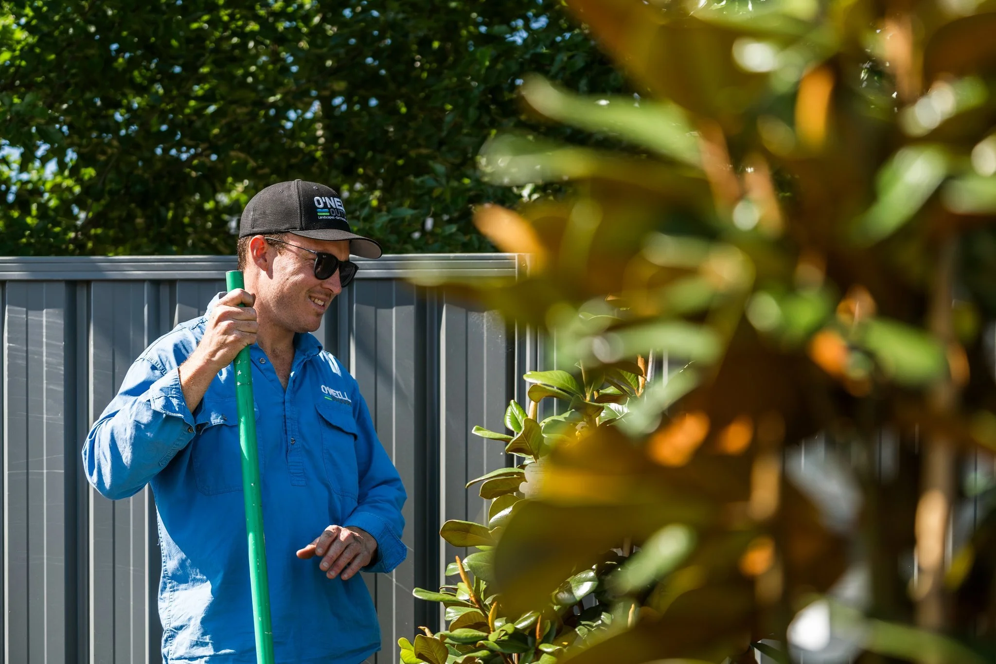 A man wearing sunglasses and a blue work shirt holding a green gardening tool, standing outdoors near a gray fence and green bushes.