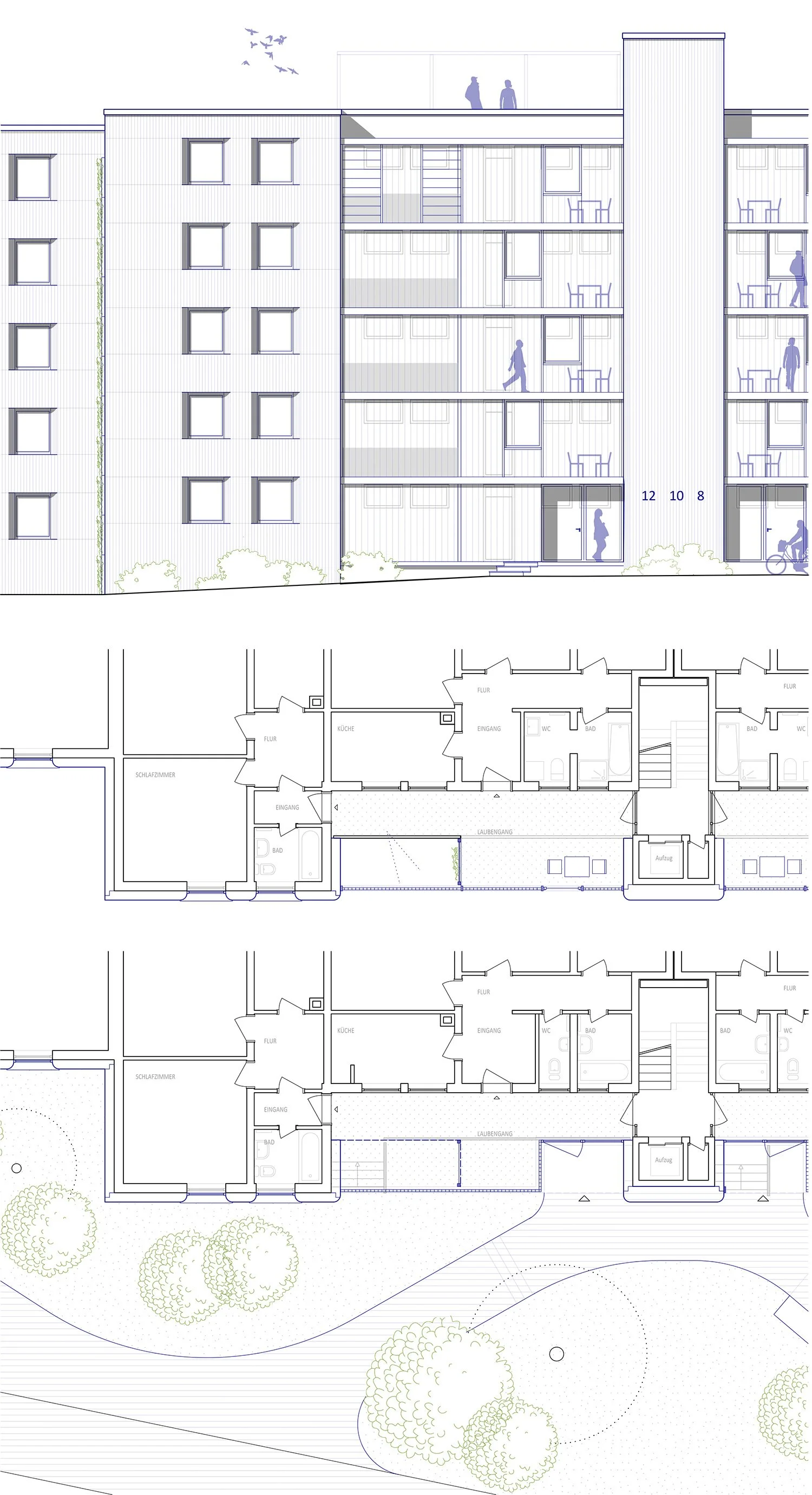 Eine Zeichnung des vertiefenden Ausschnitts von Fassade und Grundriss im Bereich des Laubengangs.