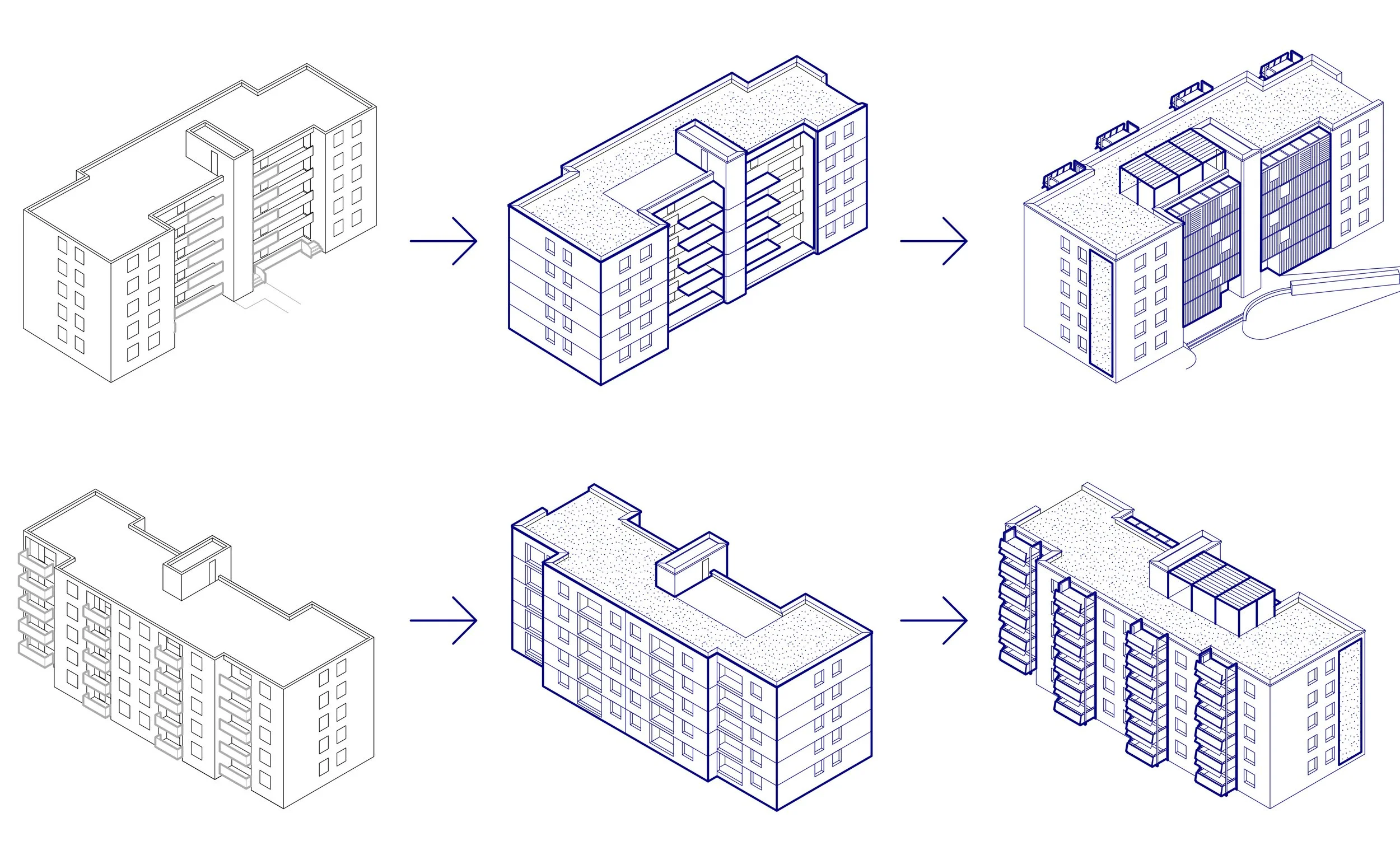 Ein Piktogramm des geplanten Bauablaufes zeigt  Teilabbruch der Balkone und Brüstungen am Laubengang, Serielle Sanierung der Fassade und Dachsanierung mit extensiver Begrünung.