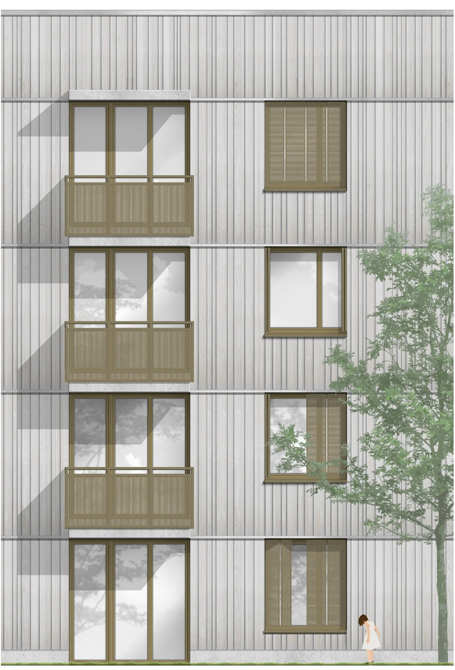 Eine Zeichnung des vertiefenden Ausschnitts der Fassade des Quartiers am Bürgerhaus in Mainz-Kostheim, geplant von ROSA Wirtz Architektur.