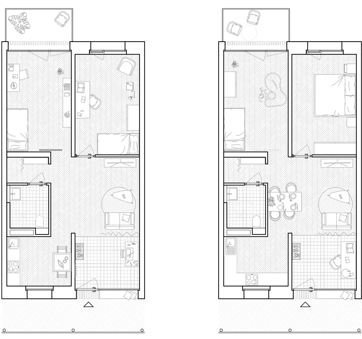 Zwei Zeichnungen der vertiefenden Grundrissausschnitte des Quartiers am Bürgerhaus in Mainz-Kostheim, geplant von ROSA Wirtz Architektur. Hier werden unterschiedliche Möblierungs- und Nutzungsvarianten gezeigt.
