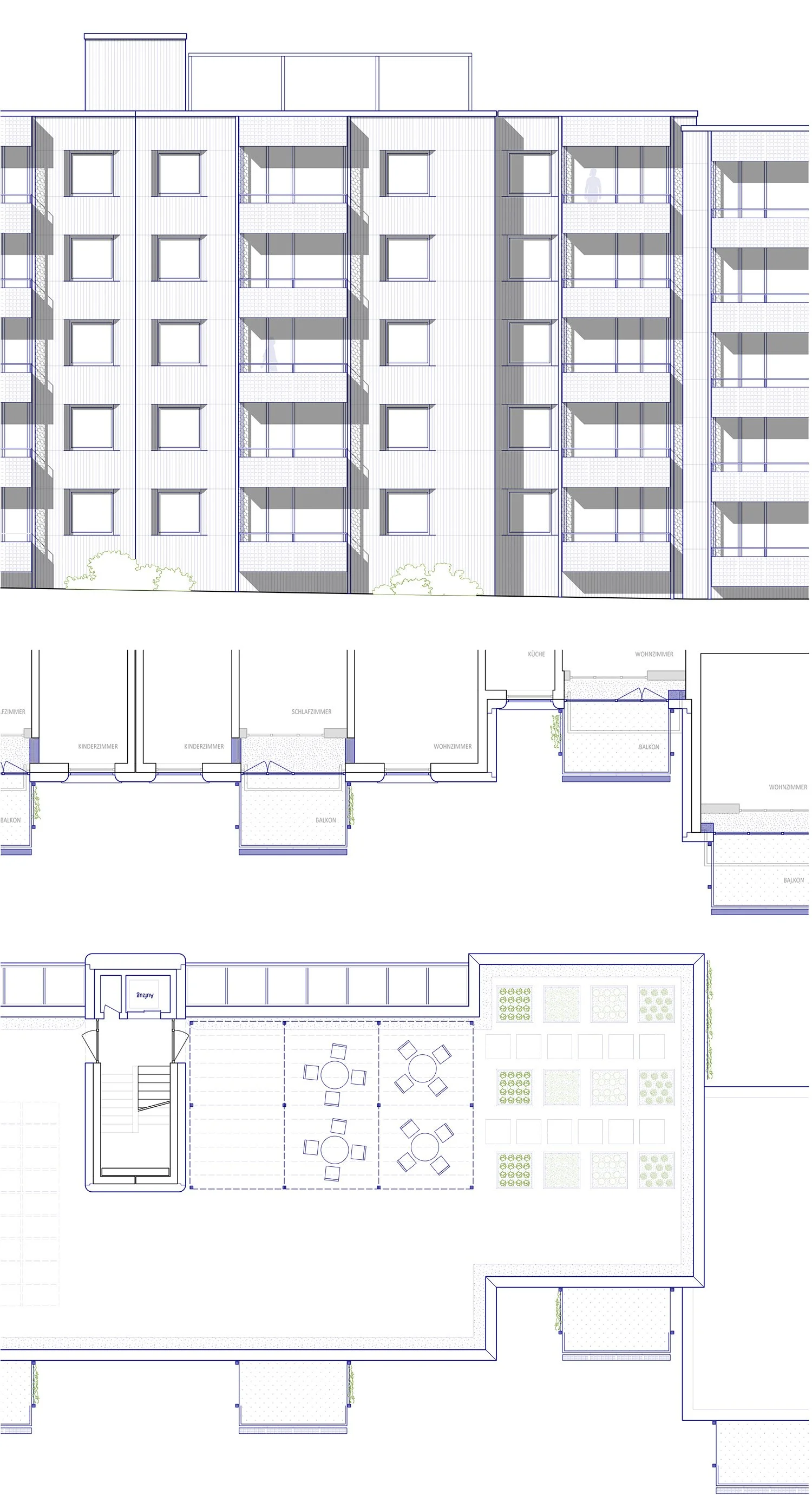 Eine Zeichnung des vertiefenden Ausschnitts von Fassade und Grundriss im Bereich der Balkone.