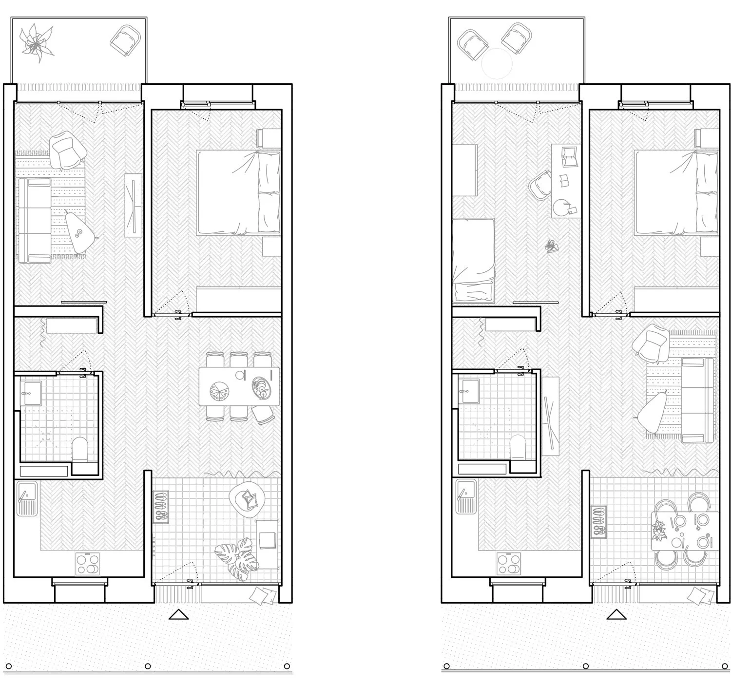 Zwei Zeichnungen der vertiefenden Grundrissausschnitte des Quartiers am Bürgerhaus in Mainz-Kostheim, geplant von ROSA Wirtz Architektur. Hier werden unterschiedliche Möblierungs- und Nutzungsvarianten gezeigt.