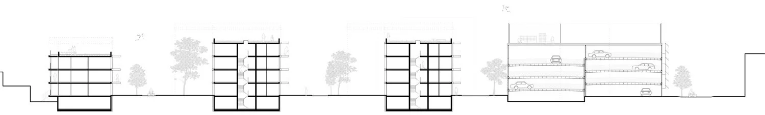 Eine Zeichnung des Geländeschnitts des Quartiers am Bürgerhaus in Mainz-Kostheim, geplant von ROSA Wirtz Architektur.