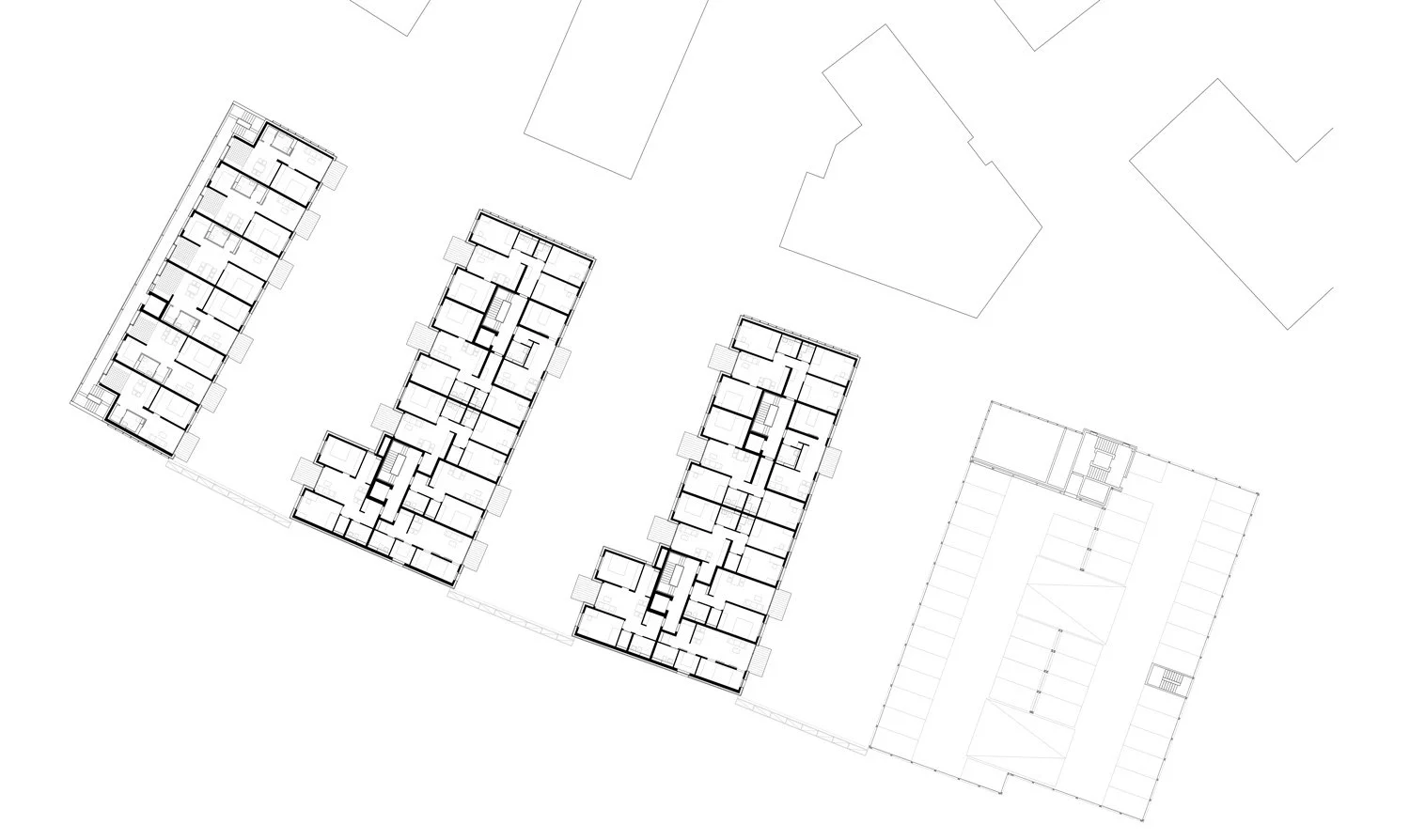 Grundrisszeichnung des Regelgeschosses des Quartiers am Bürgerhaus in Mainz-Kostheim, geplant von ROSA Wirtz Architektur.