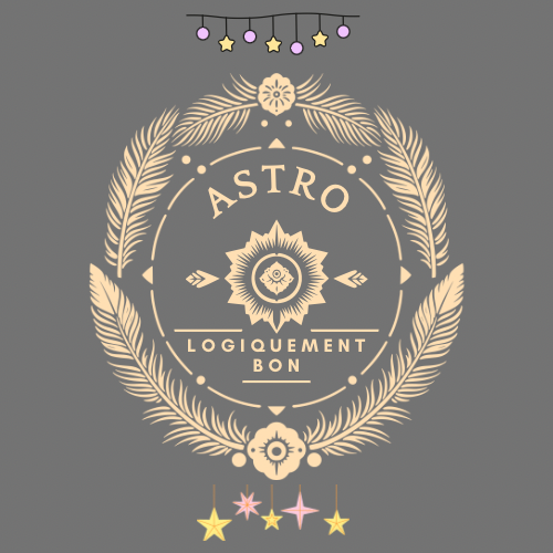 Logo circulaire avec des plumes, texte "ASTRO" et "LOGIQUEMENT BON" au centre, couleurs pastel, motifs célestes, fond gris.