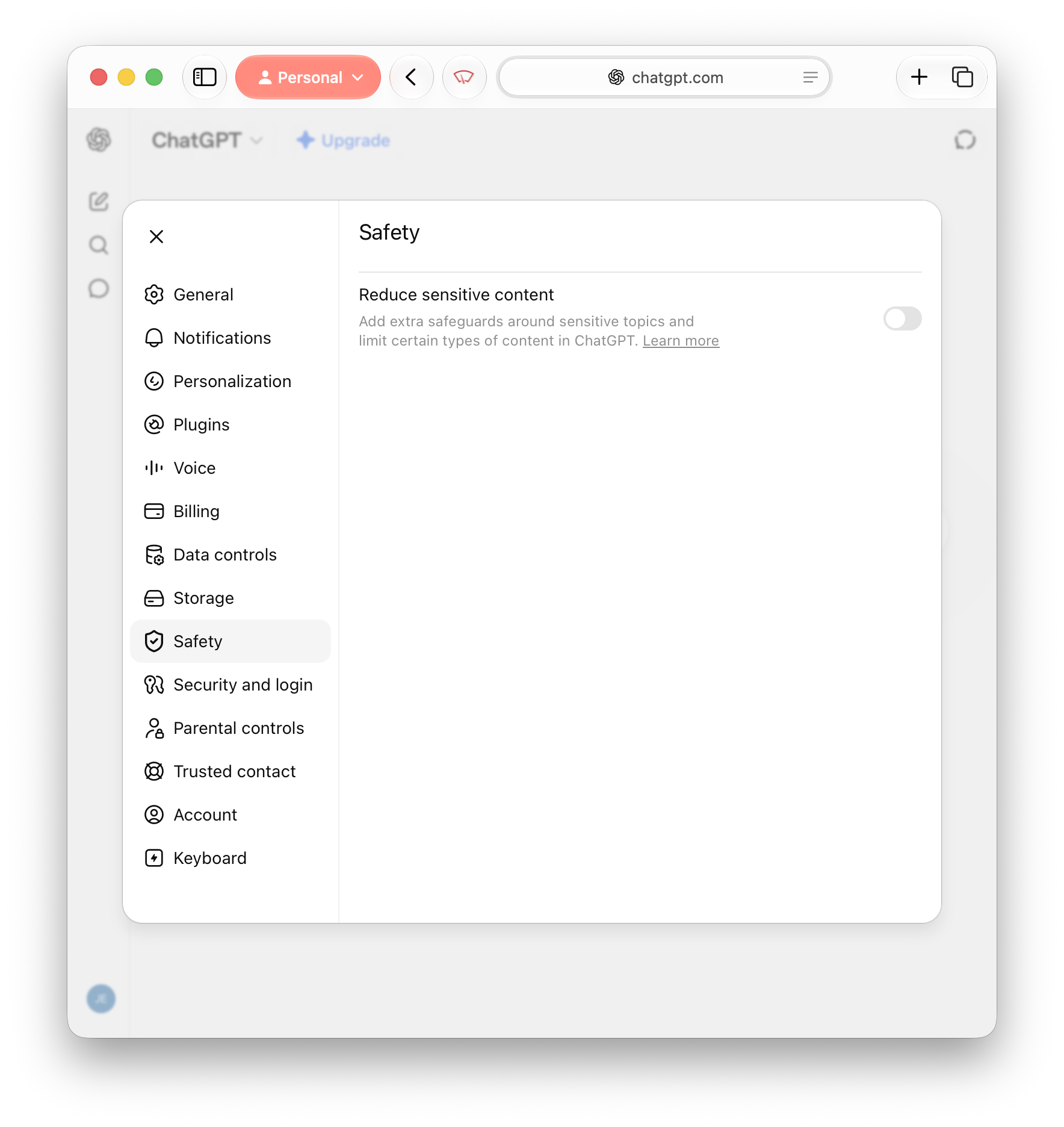 A screenshot of the ChatGPT desktop interface showing the settings window open, and the "Safety" sub-menu selected.