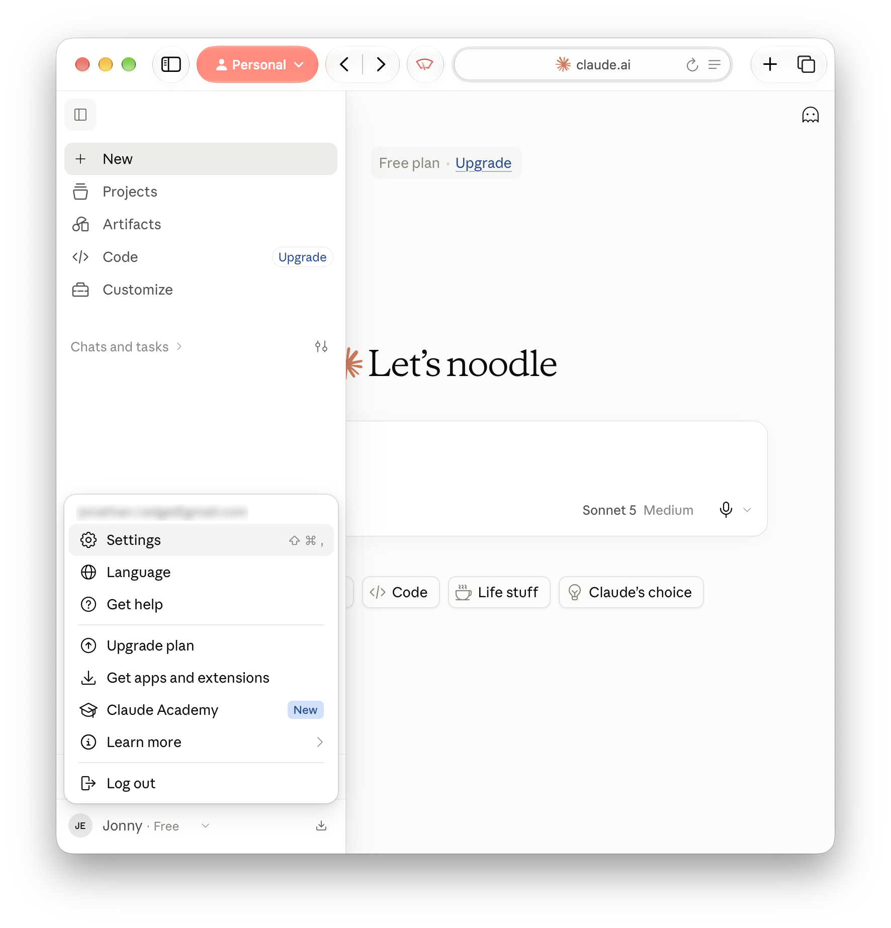 A screenshot of the Claude desktop interface showing the user profile menu with the "Settings" option highlighted.