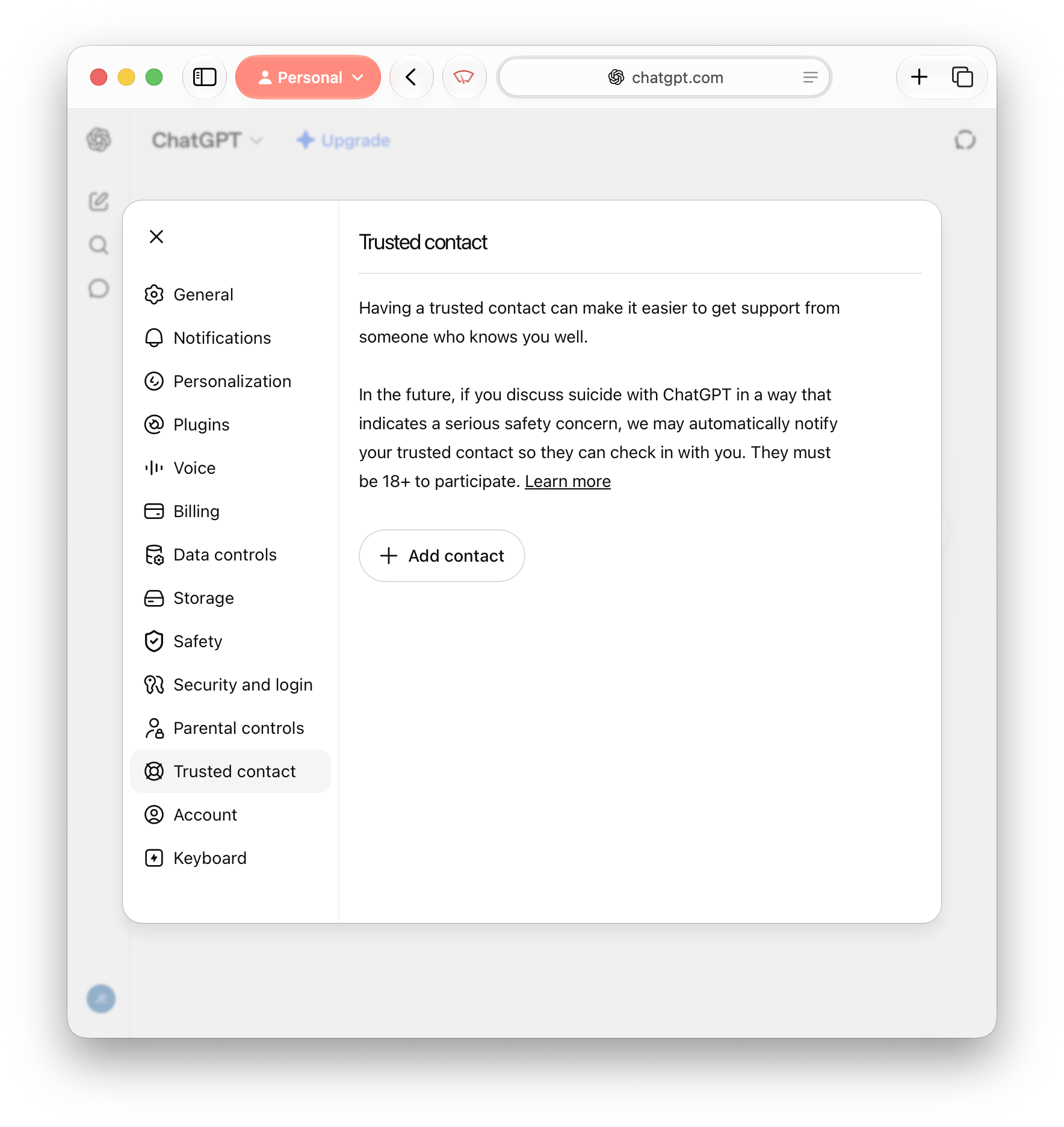 A screenshot of the ChatGPT desktop interface showing the settings window open, and the "Trusted contact" sub-menu selected.