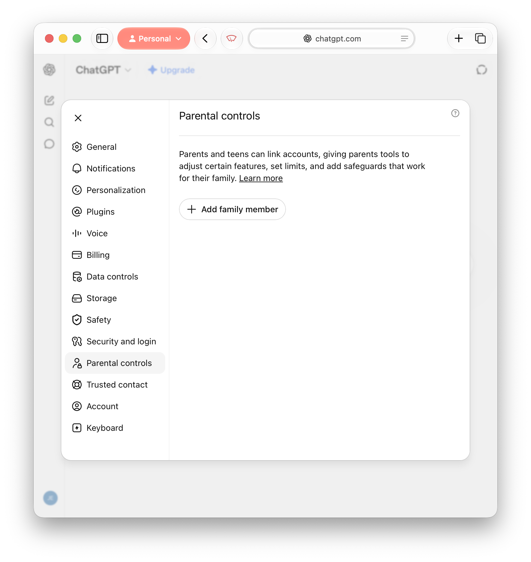 A screenshot of the ChatGPT desktop interface showing the settings window open, and the "Parental controls" sub-menu selected.