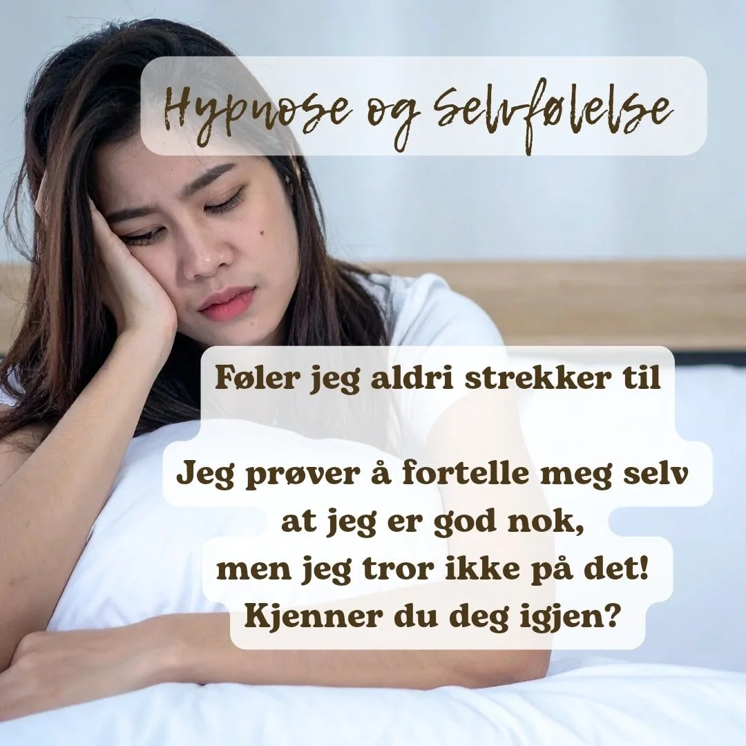 G&aring;r du rundt &aring; f&oslash;ler deg ikke god nok? At du aldri helt strekker til?
Det tar mye energi og tankekapasitet det.

Gjennom alt du har sett, tenkt, l&aelig;rt og opplevd har du dannet deg en oppfattelse av  deg selv. Gjennom hypnose k