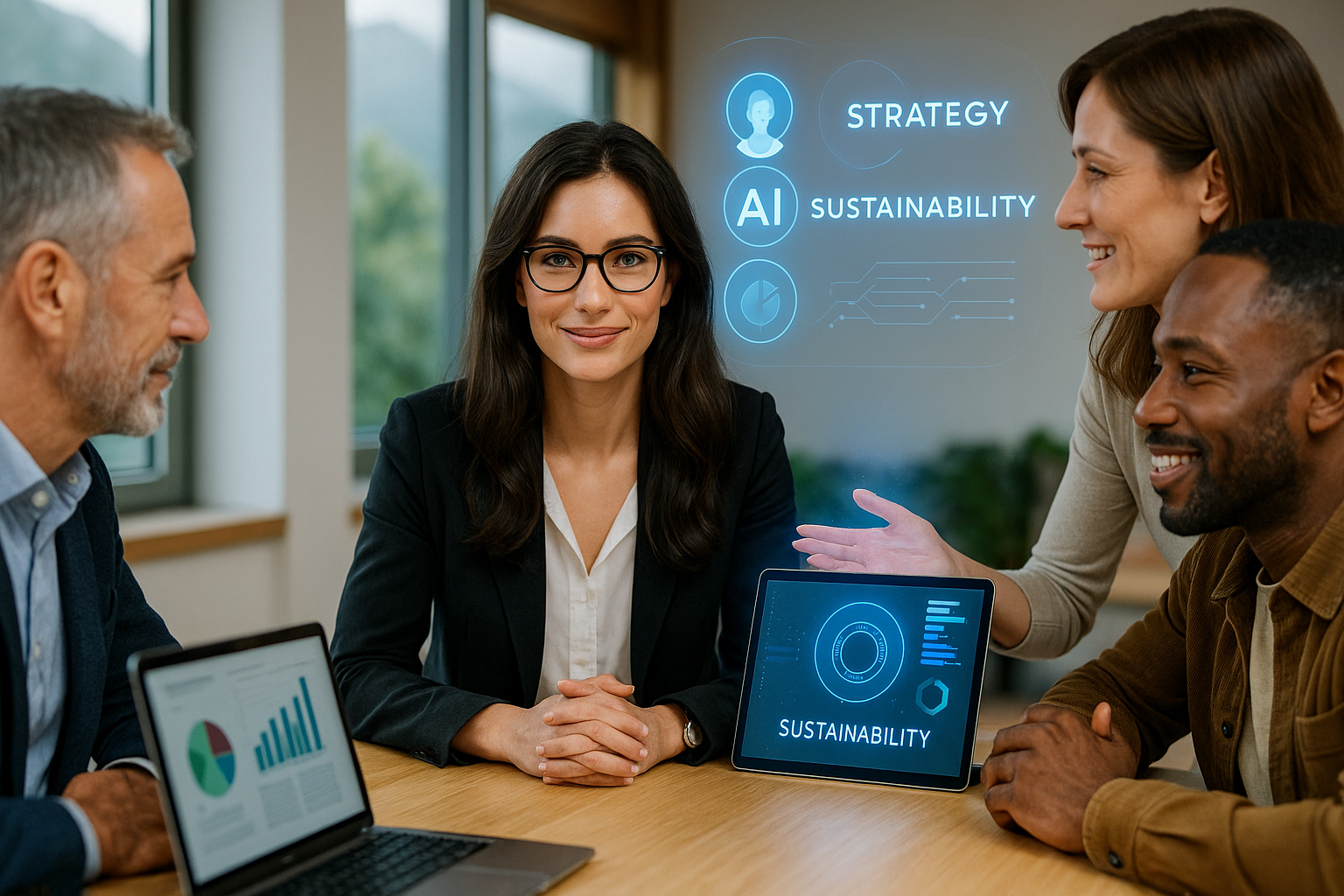 Group of diverse professionals in a meeting discussing sustainability, with digital holograms and a tablet displaying sustainability graphics.