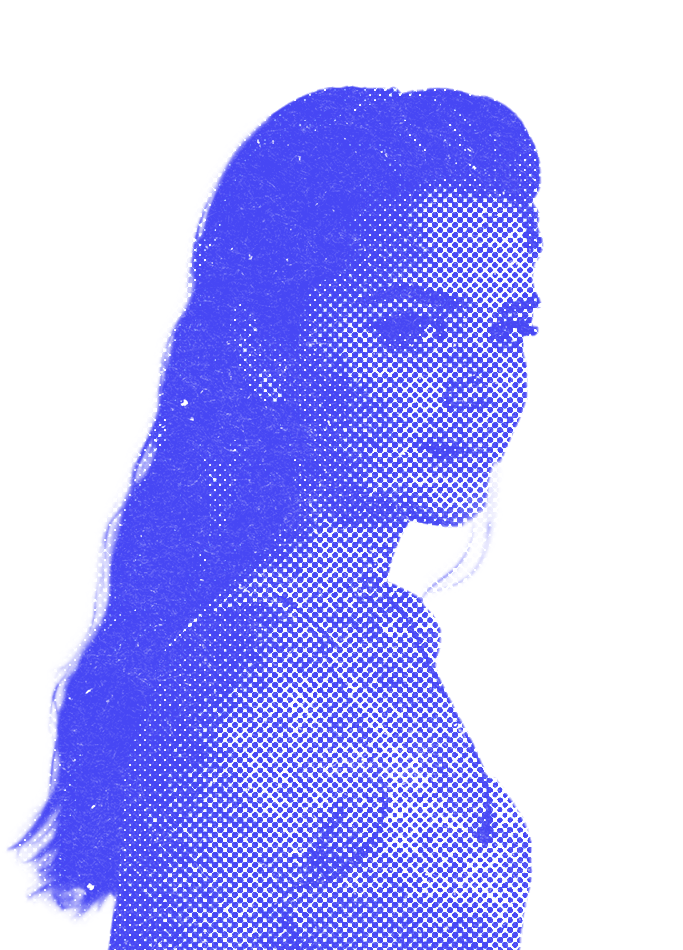 Blue halftone portrait of a woman looking over her shoulder, with long hair and a thoughtful expression.