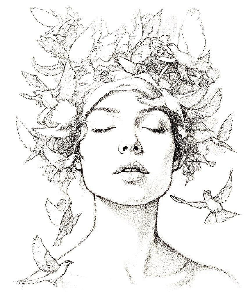 Line drawing of a woman with eyes closed, surrounded by hummingbirds and flowers, with her hair rendered as a nest or a swirl of natural elements.