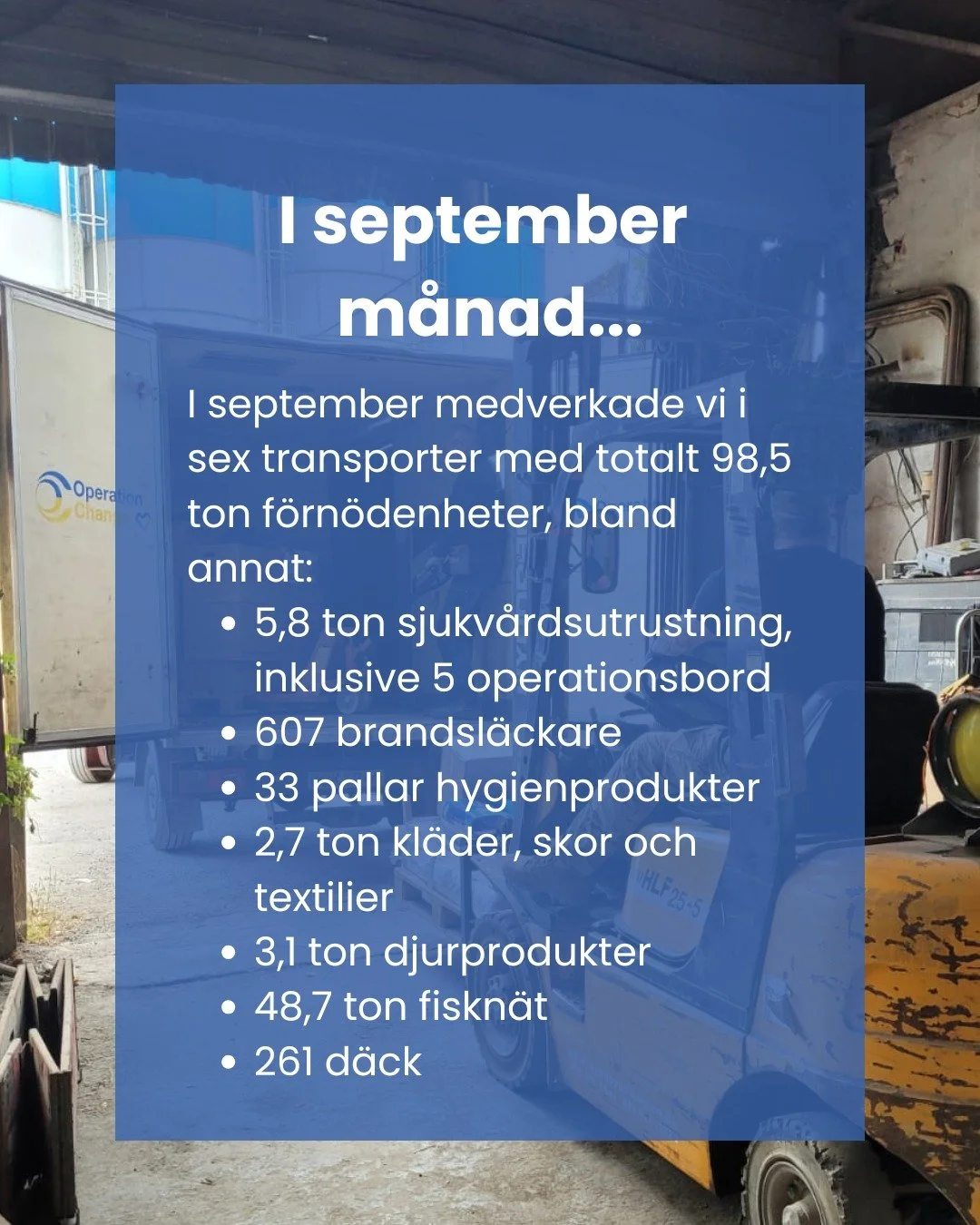 🚛 Hj&auml;lpen kommer fram
Under september medverkade vi i 6 transporter med totalt 98,5 ton f&ouml;rn&ouml;denheter till Ukraina &ndash; fyllda med allt fr&aring;n sjukv&aring;rdsutrustning och hygienprodukter till fiskn&auml;t som dr&ouml;narskydd