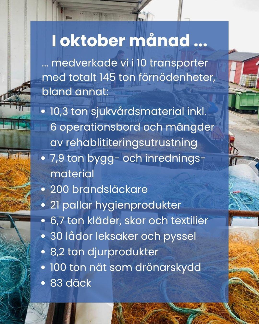 Hj&auml;lpen kommer fram! 
Under oktober medverkade vi i 10 (!) transporter med totalt 145 ton f&ouml;rn&ouml;denheter till Ukraina &ndash; av vilka 100 ton var fiskn&auml;t nu som f&aring;r nytt liv som dr&ouml;narskydd. 

Vill du vara med och g&oum