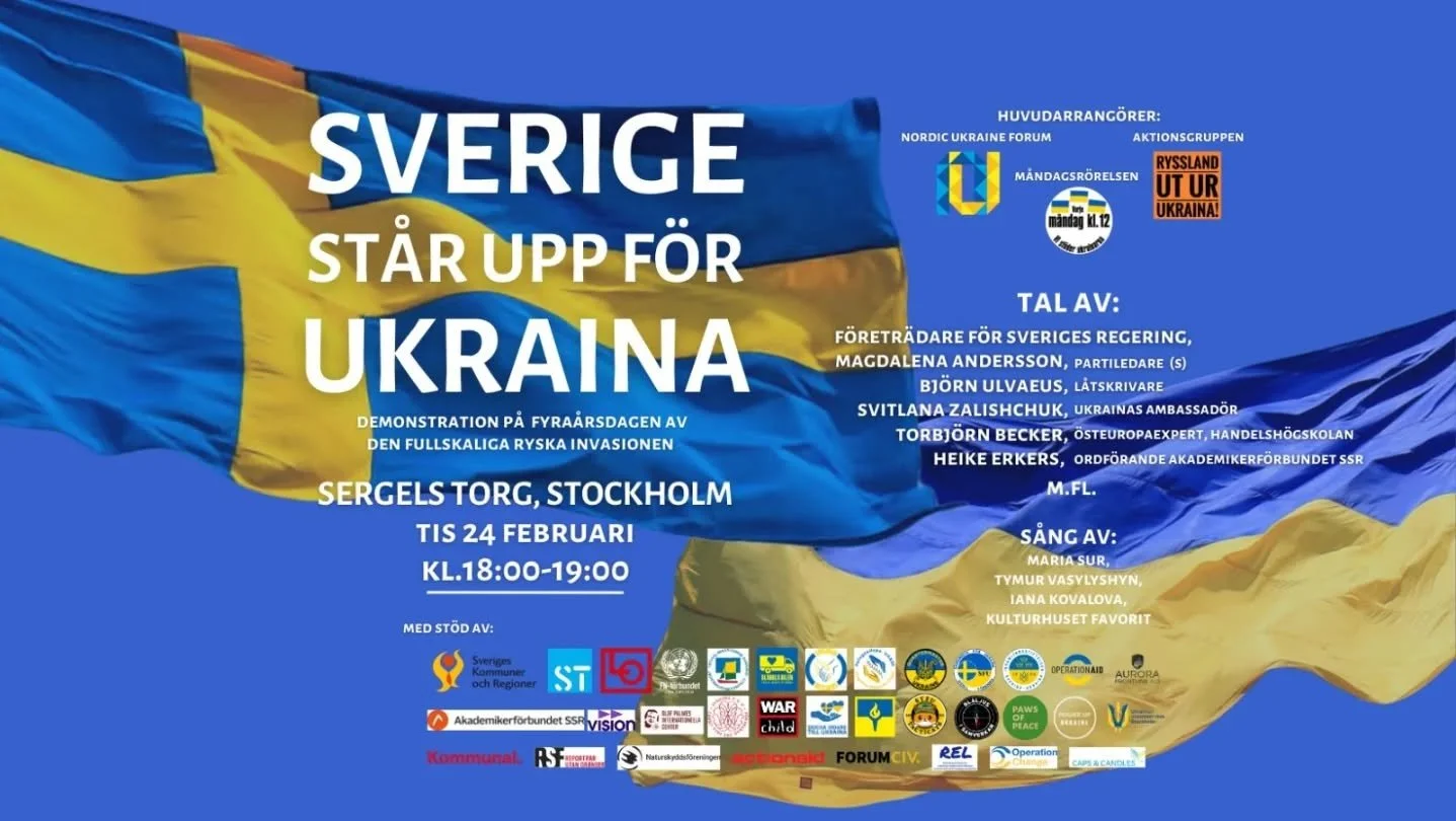 24 februari 2022 &auml;r en dag ingen ukrainare n&aring;gonsin kommer att gl&ouml;mma - dagen d&aring; Ryssland inledde sin fullskaliga invasion av Ukraina.

Fyra &aring;r senare forts&auml;tter Ukraina sin kamp.

Runt om i Sverige h&aring;lls manife