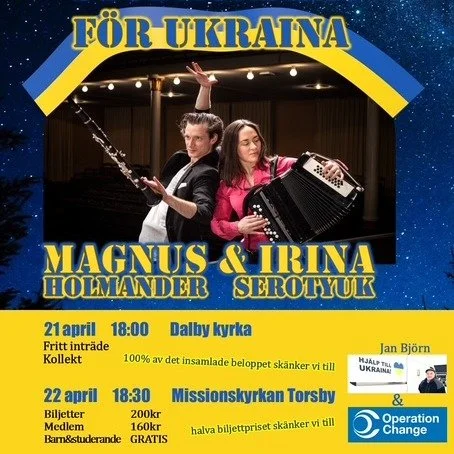 🎶 Musik som g&ouml;r skillnad &ndash; i Torsby 🇺🇦

Torsby Kammarmusikv&auml;nner arrangerar ST&Ouml;DKONSERTER den 21&ndash;22 april tillsammans med Magnus Holmander &amp; Irina Serotyuk.

💙 50% av int&auml;kterna g&aring;r till OperationChange
?