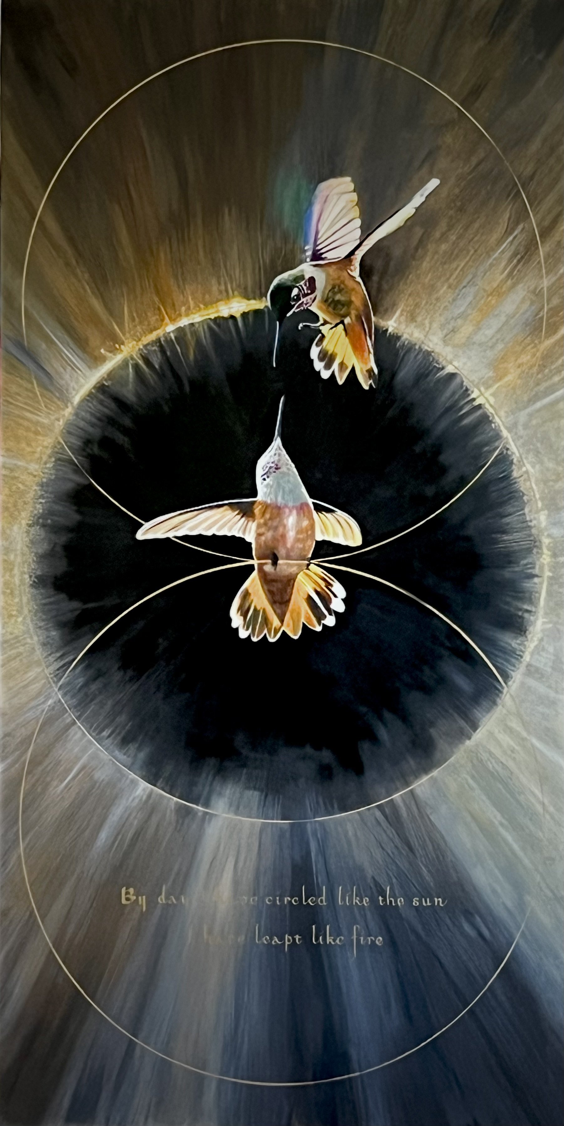 Artwork of two birds flying toward each other within overlapping circles, with a dark background and a gold-colored quote at the bottom that reads 'By dawn we're curled like the sun, leap like fire.'