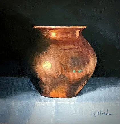 A painted image of a copper-colored vase on a light blue surface with a dark background.