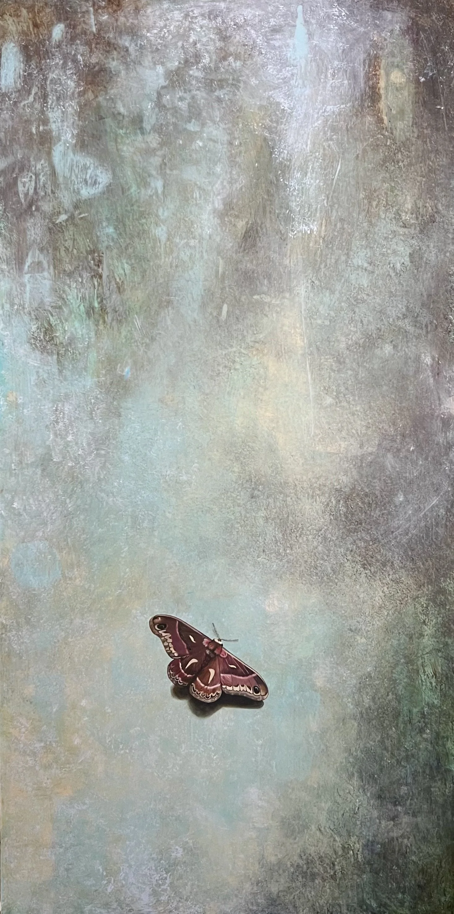 "Atlas Moth on a Field of Blue Mist" | Acrylic and oil on birch panel | 48 ⨉ 24 ⨉ 2 inches