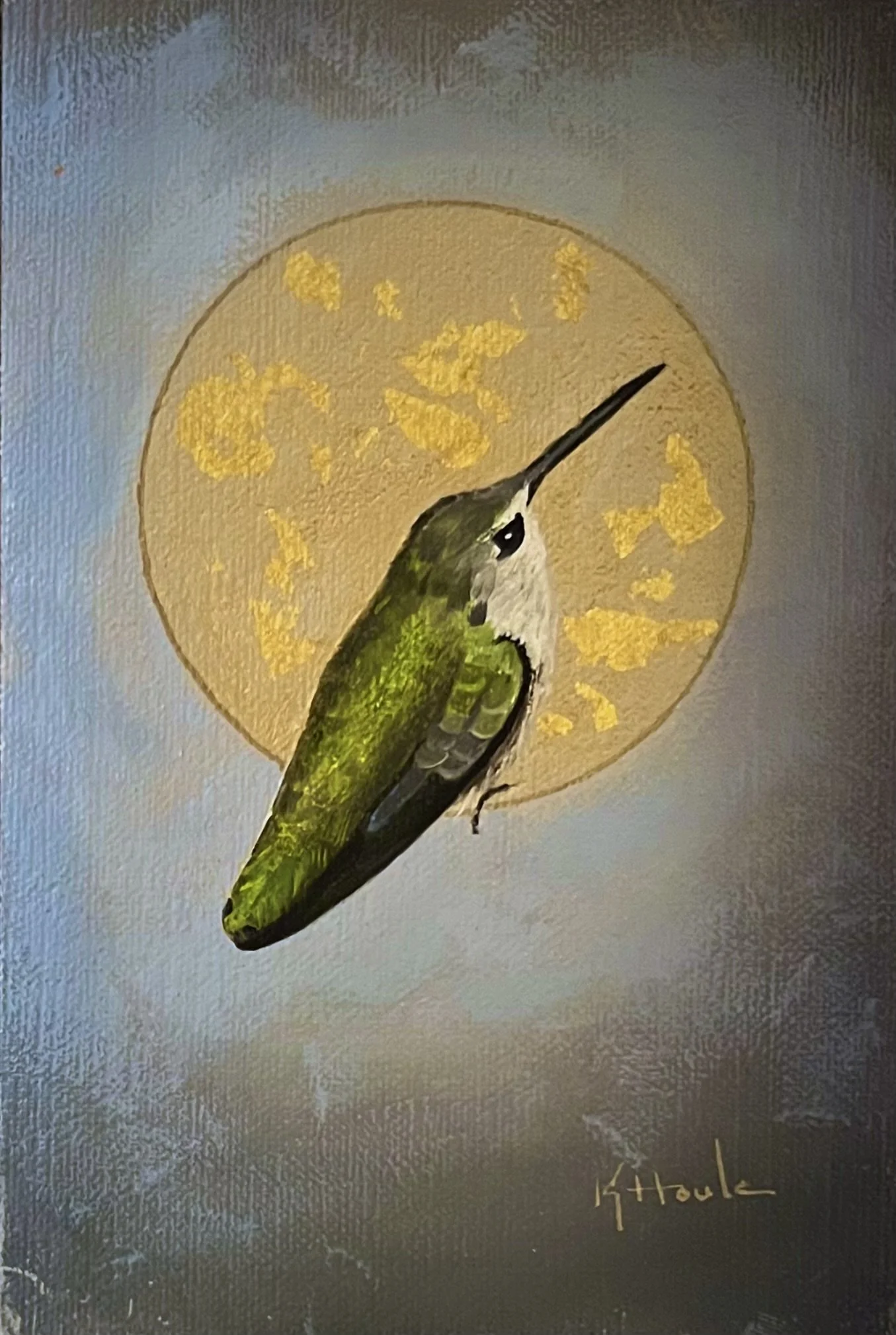 Painting of a hummingbird facing to the right, with a bright yellow background featuring abstract gold leaf accents, signed by the artist KHoule.