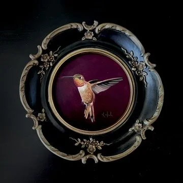Rufous Hummingbird, 4x4in, Oil on copper, Sold