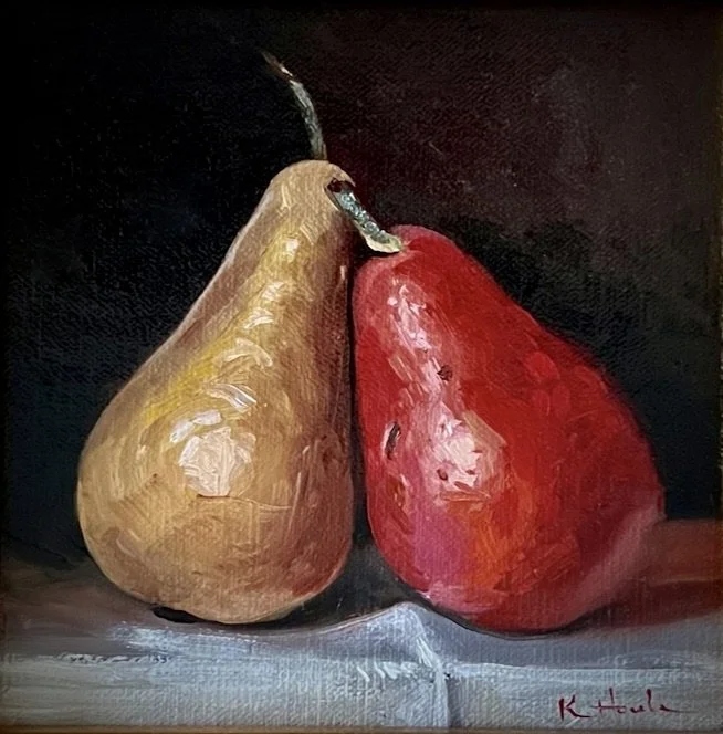 Oil painting of a pear and an apple placed side by side on a cloth surface against a dark background.