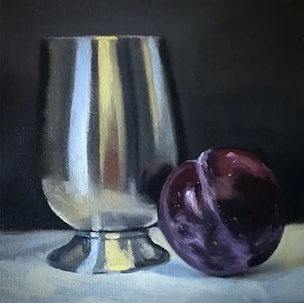 A painting of a silver goblet and two purple plums on a dark background.