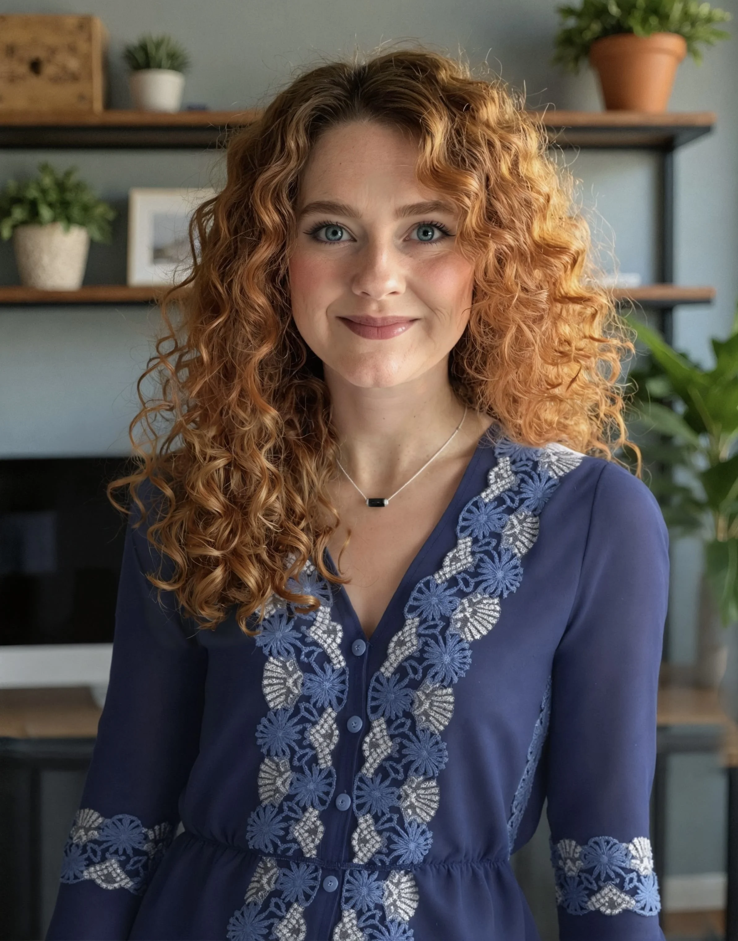 Woman with curly red hair wearing a blue embroidered blouse, standing indoors with shelves and plants in the background.