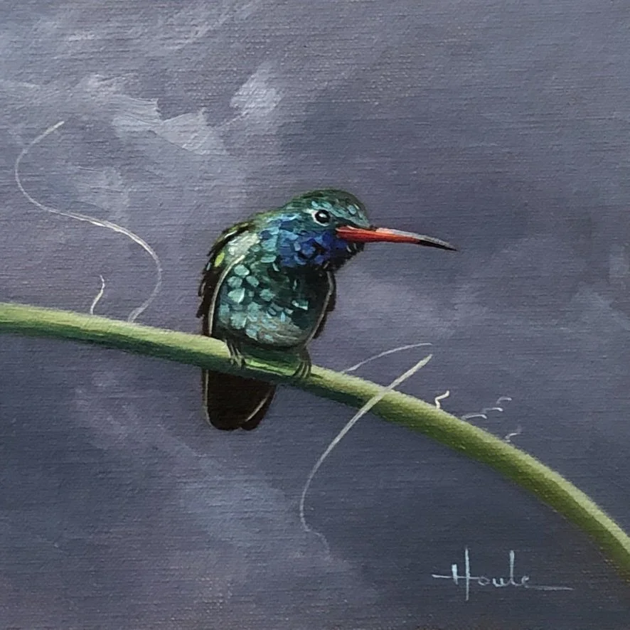 A painting of a colorful hummingbird perched on a green stem against a dark purple background.