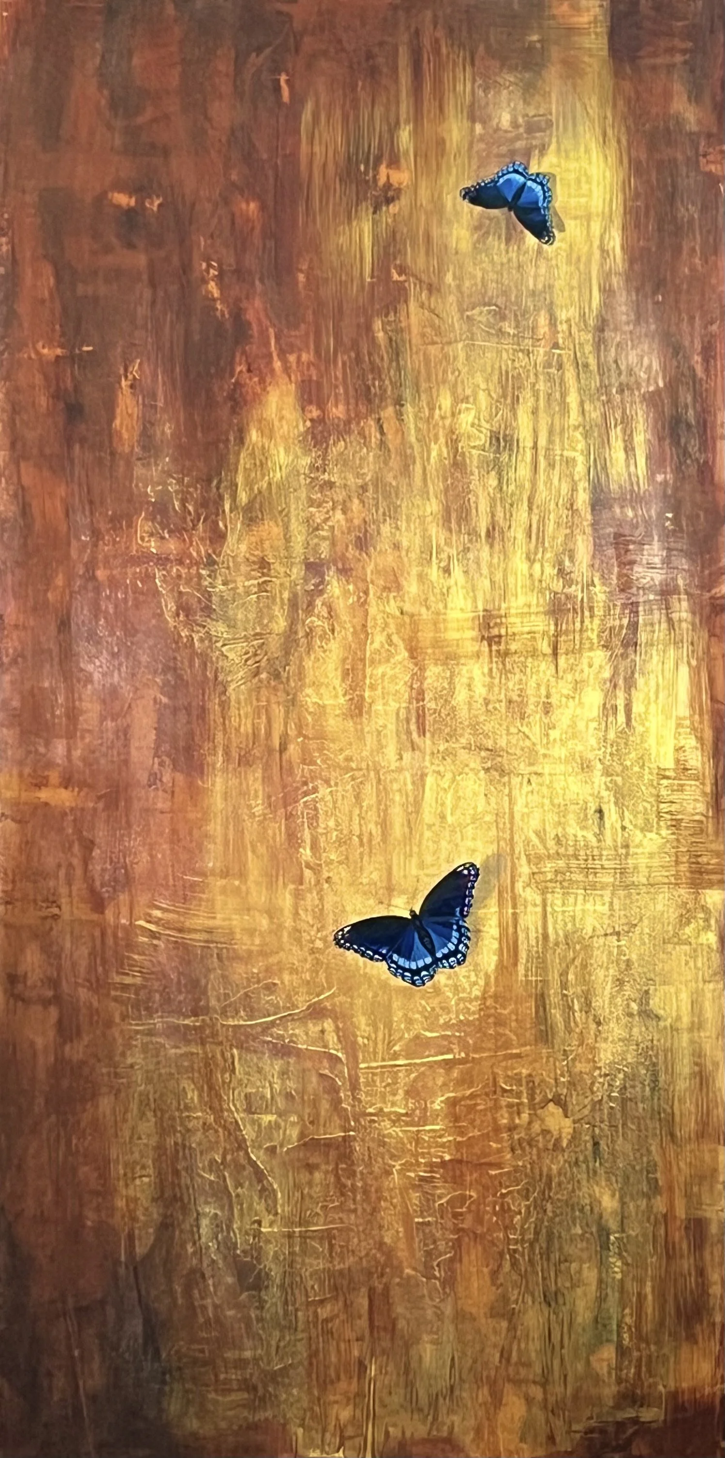 "Red Spot Butterfly on a Field of Orange and Gold" | Acrylic and oil on birch panel | 48 ⨉ 24 ⨉ 2 inches
