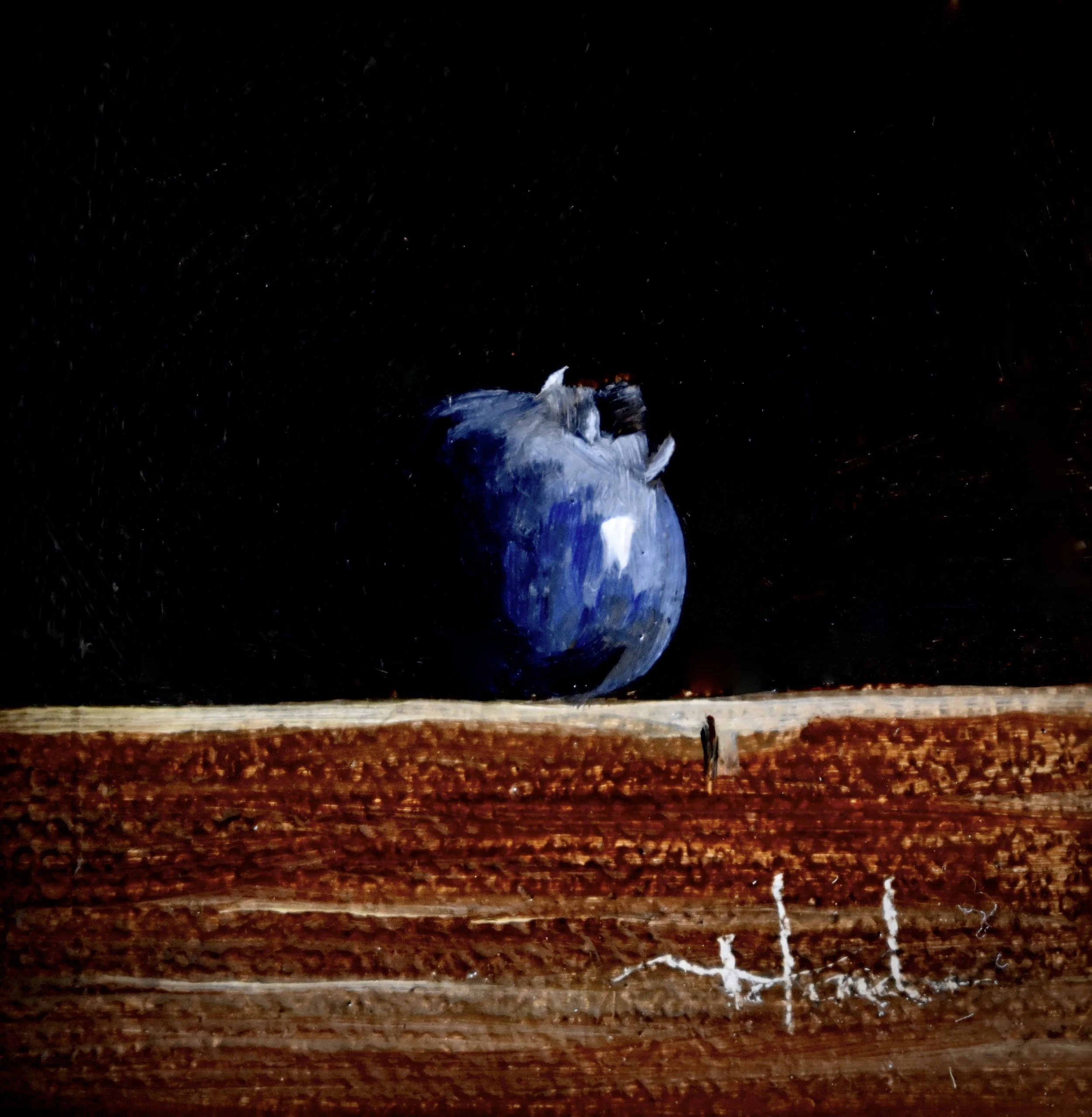 The image shows a single blueberry on a dark, textured wood surface on a dark background. 