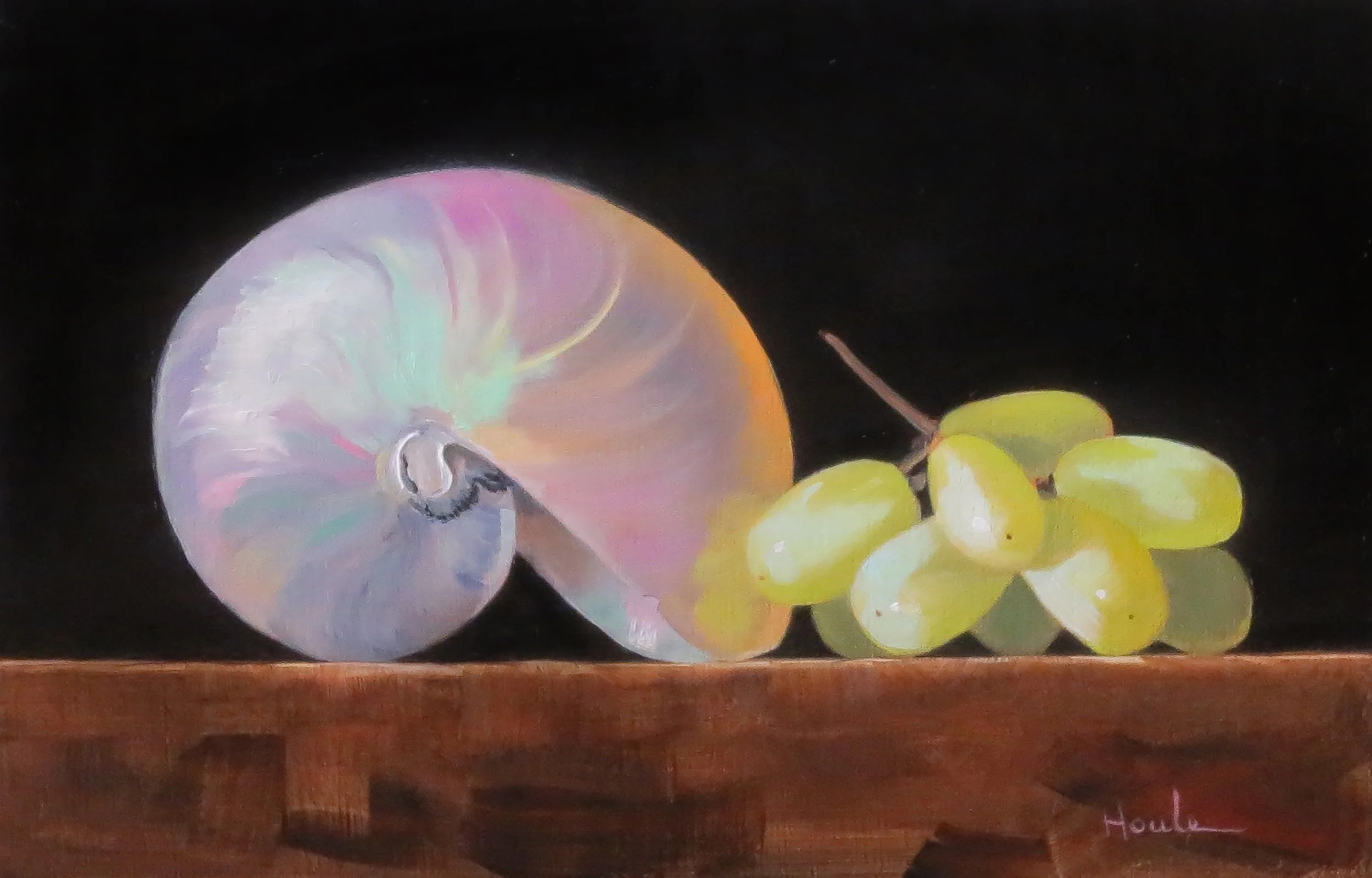 Painting of a translucent, iridescent nautilus shell and a cluster of yellowish-green grapes on a dark background.