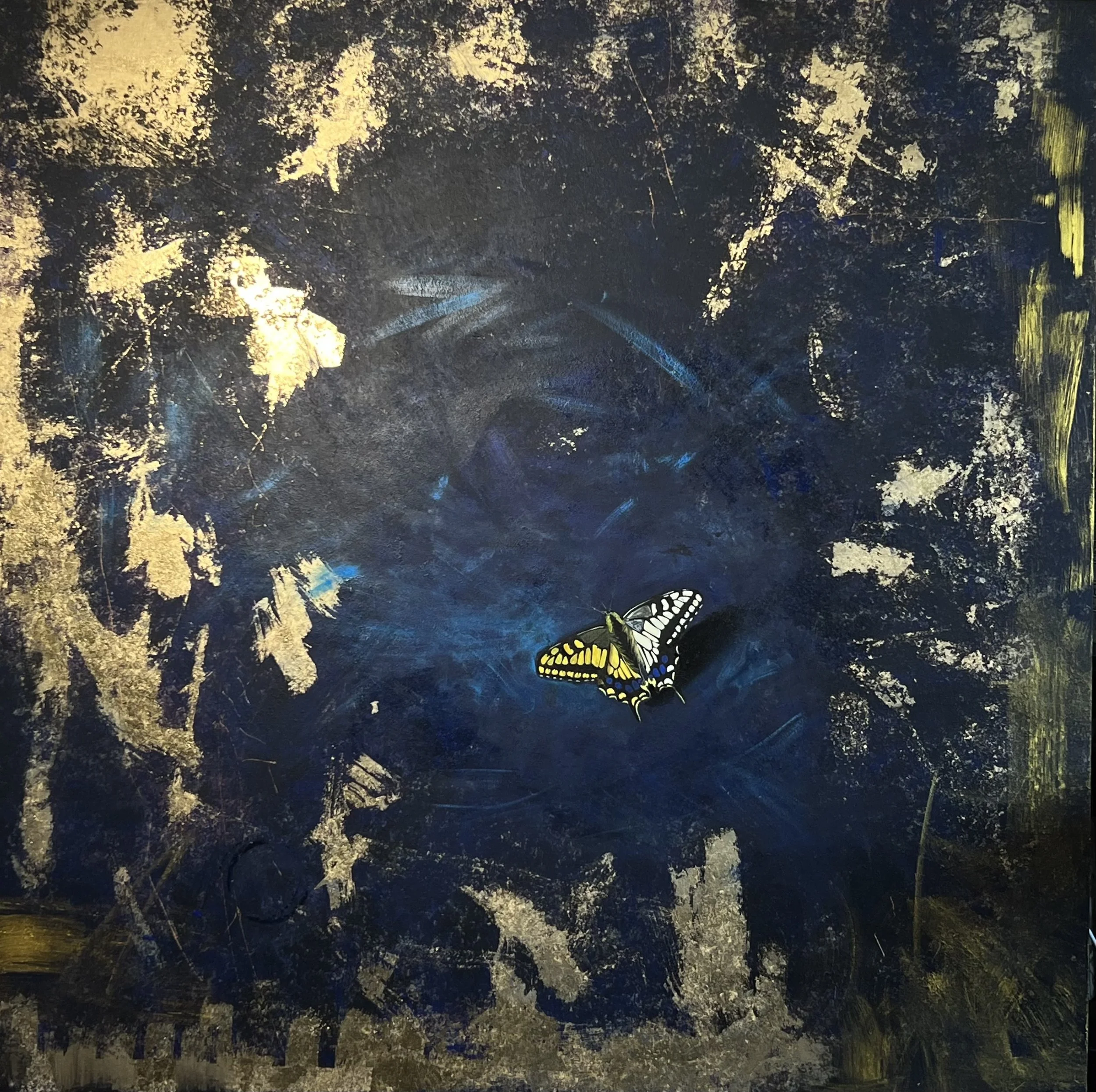 "Yellow Swallowtail on a Field of Blue and Gold" | Acrylic, oil, and gold leaf on birch panel | 36 ⨉ 36 inches 