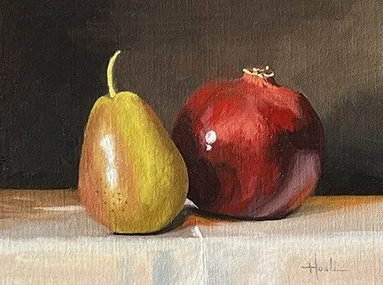 Painting of a yellow pear and a red pomegranate on a flat surface against a dark background.