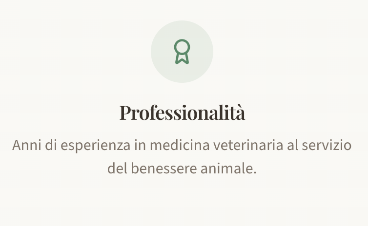 Sezione di un sito web con un'icona di un certificato e testo che evidenzia professionismo e anni di esperienza in medicina veterinaria per il benessere animale.