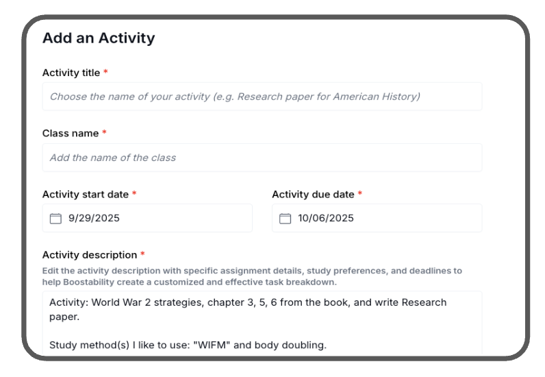 Activity template to break down big goals