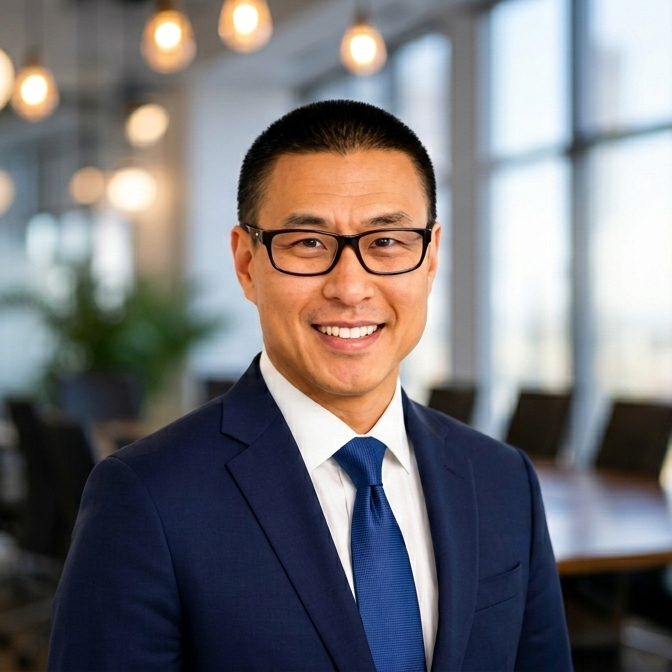 Smiling Asian businessman in a blue suit and tie, wearing glasses, in a modern office setting with large windows and hanging lights.