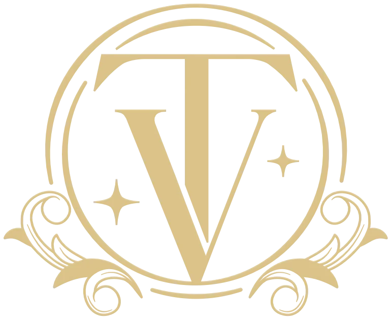 Gold logo featuring a large V at the center, enclosed by ornate scrollwork, with stars on either side of the V. The logo of one of Allium Marketing's restaurant content clients.