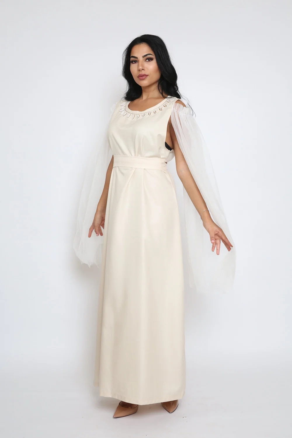 Off White kaftan with neckline embroidery open shoulder tulle  Randoushka