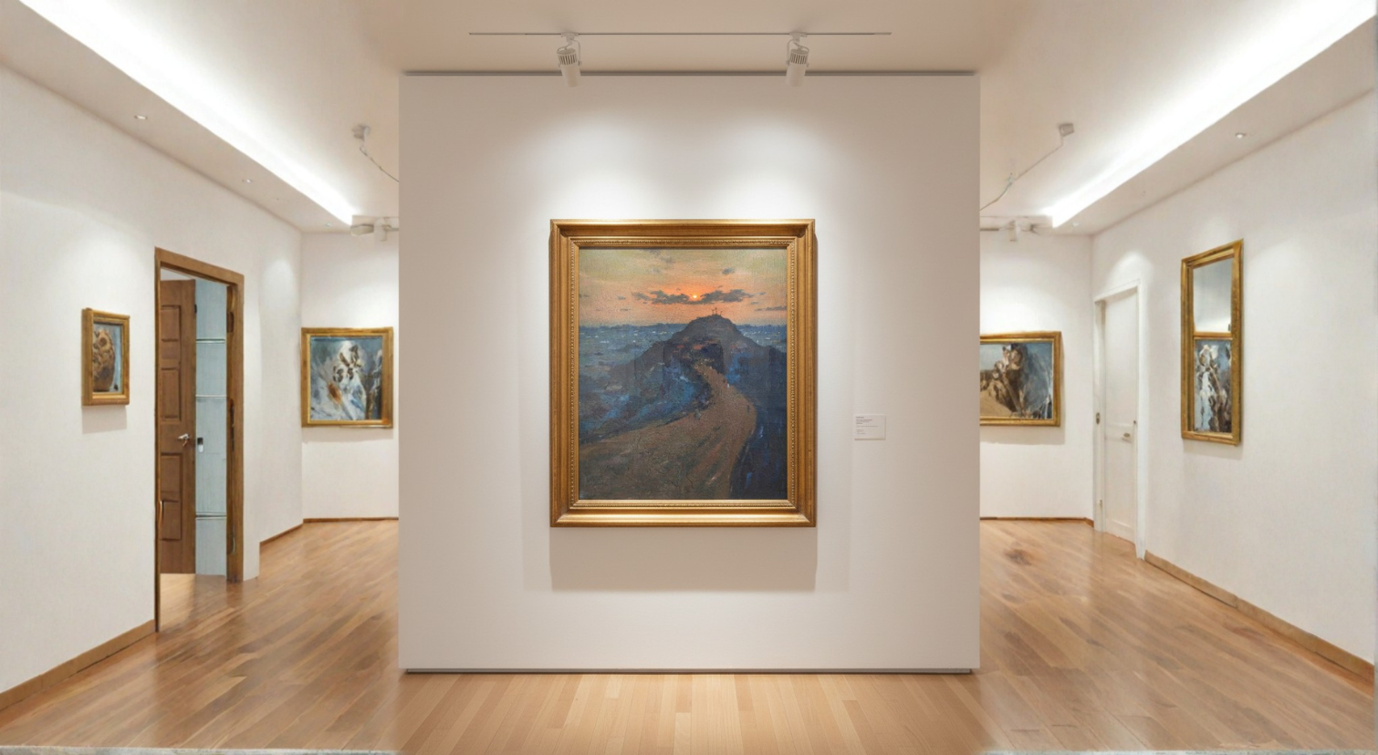 An art gallery with white walls and wooden floors showcasing framed landscape paintings, with a central painting of a mountain scene at sunset.