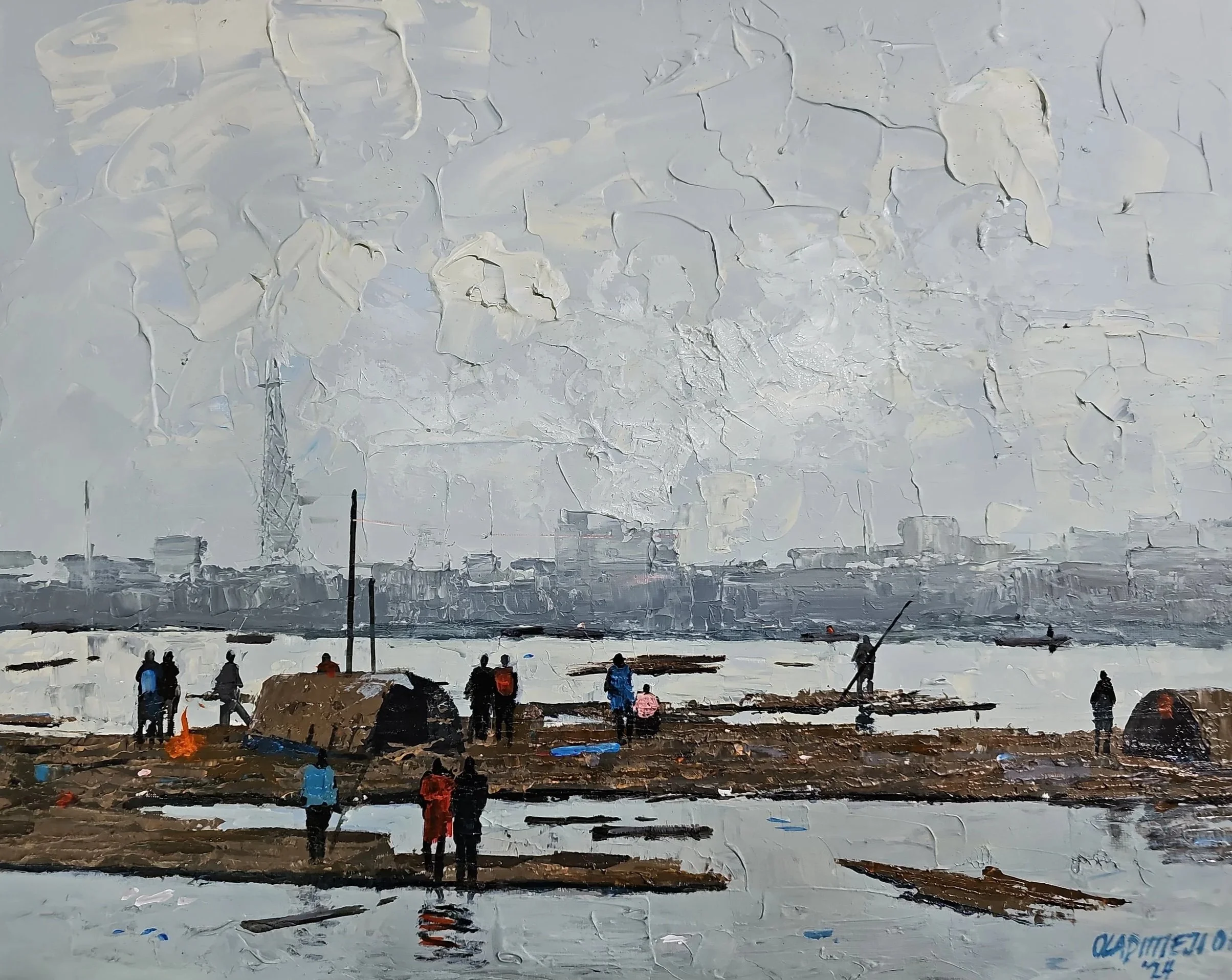 A cityscape by a river with people fishing and walking along the shore on a cloudy day, done in a textured, impressionistic painting style.