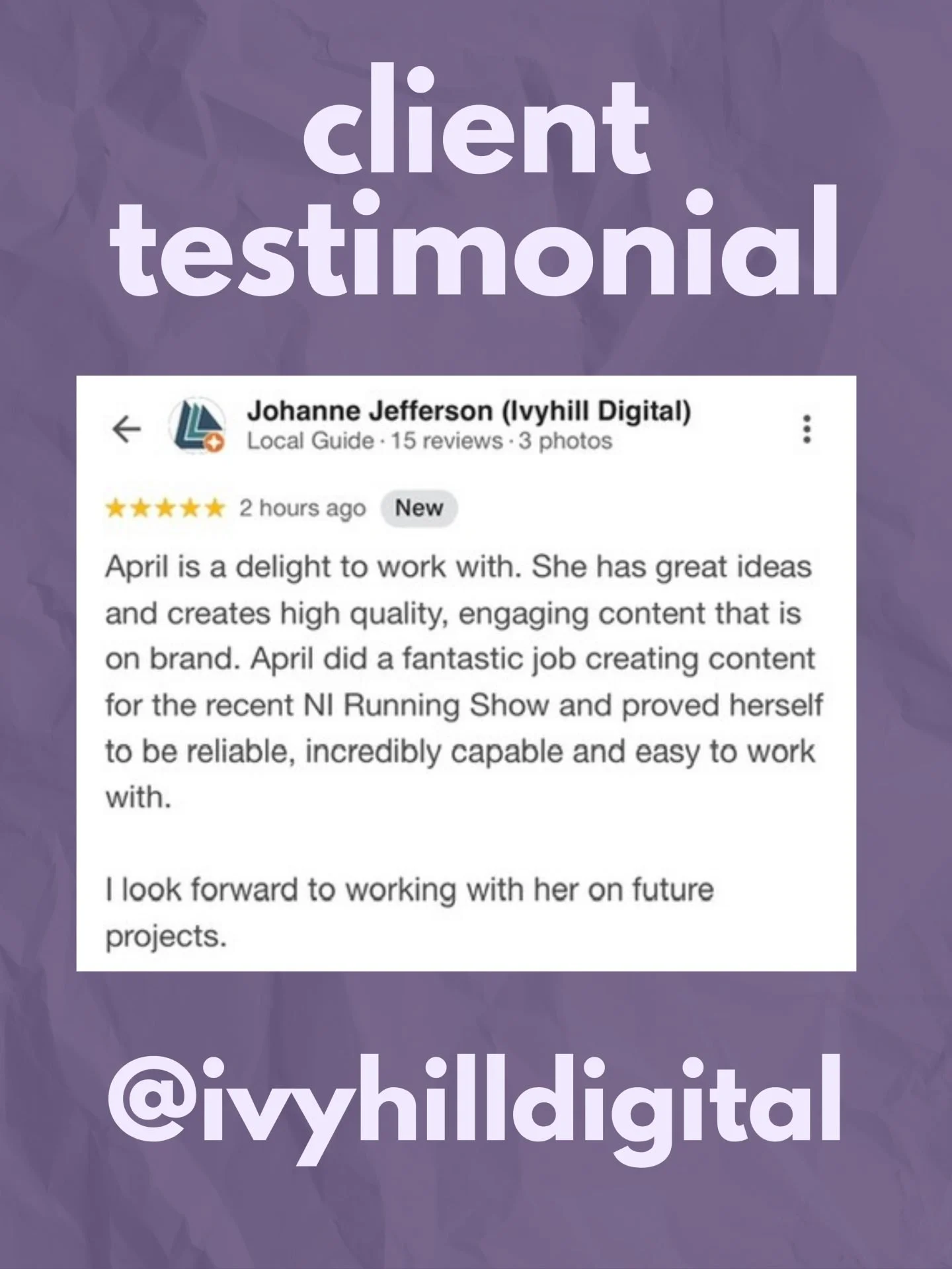 Thank you so much to Johanne for her kind words in her recent Google Review. Johanne owns @ivyhilldigital and reached out for some support with the @nirunningshow 2026. I had an absolute blast working with herself and the event organisers and am even