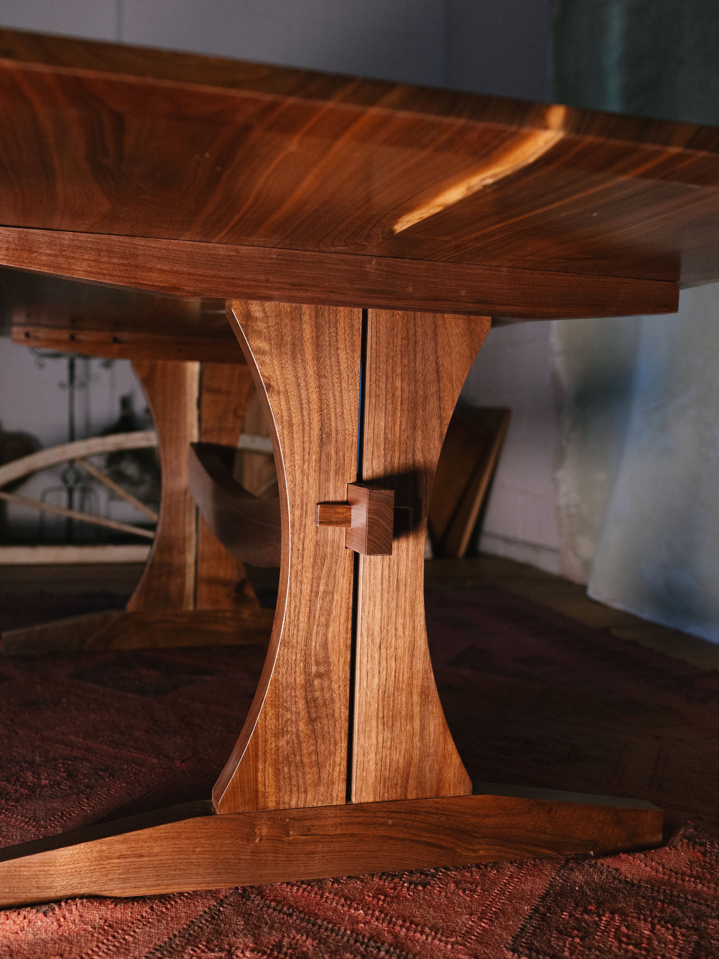 Solid Walnut Trestle Table with Curved stretchers and legs