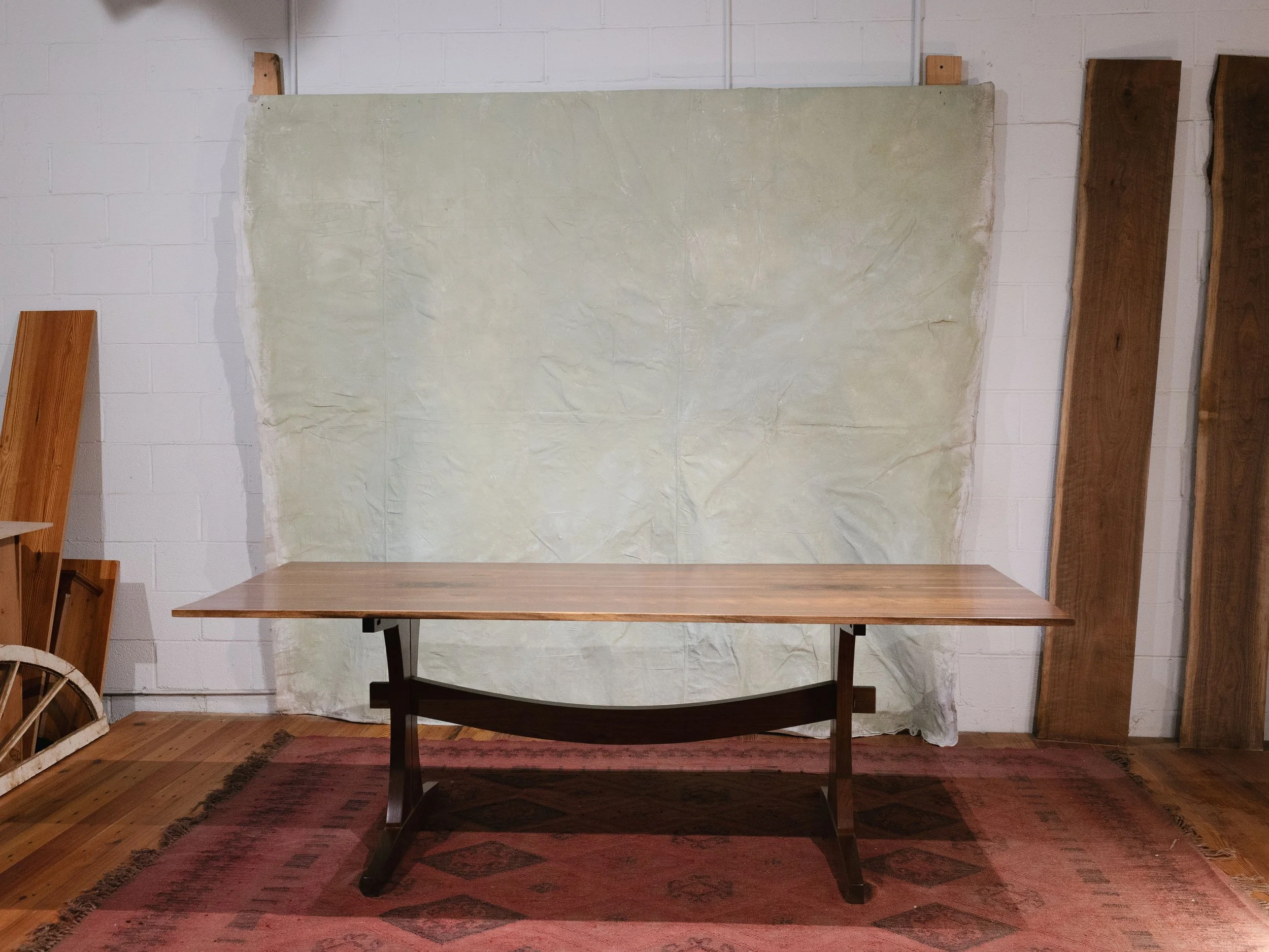 Solid Walnut Trestle Table with Curved stretchers and legs