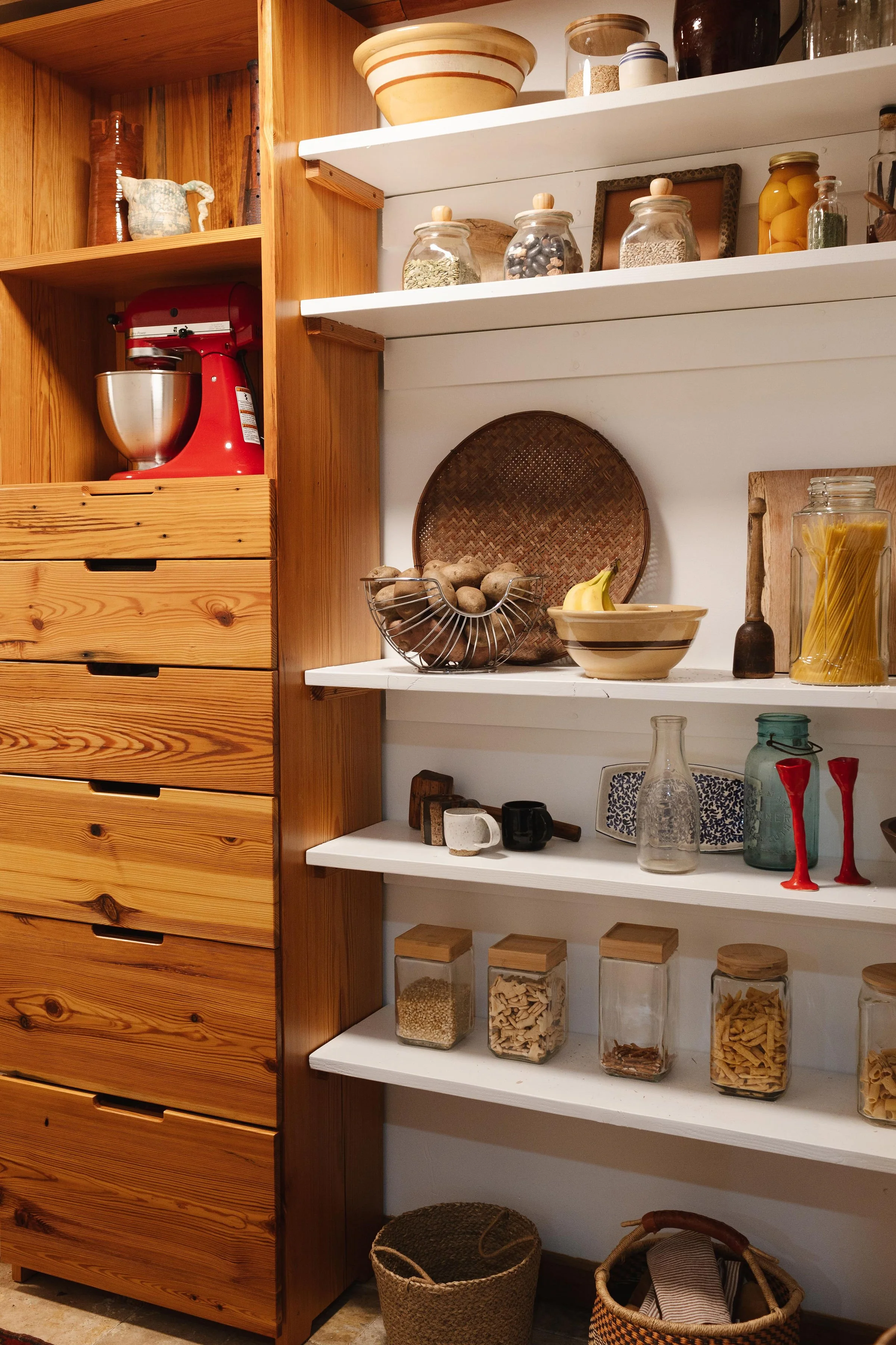 Reclaimed solid long leaf pine Pantry Cabinet with painted shelves and storage