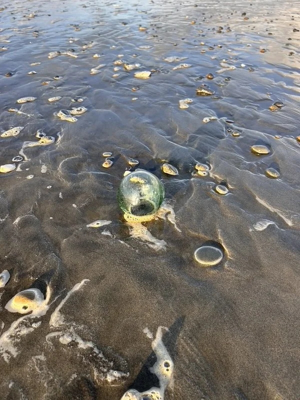 A glass float washed up on a sandy beach with scattered small shells and foam bubbles.