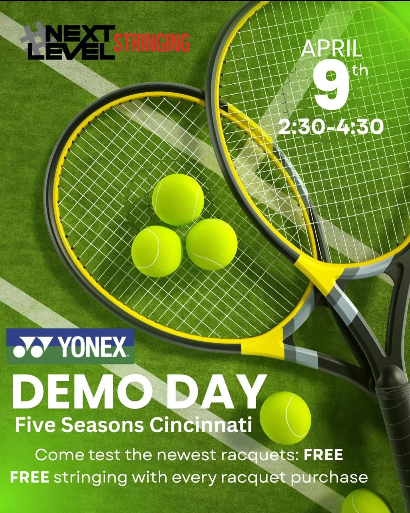 🎾 Yonex Demo Day Alert! 🎾
Come test drive the latest Yonex tennis racquets and find your perfect match on the court! 💥 Whether you&rsquo;re looking for power, control, or spin&mdash;we&rsquo;ve got a racquet for your game.

📍 Five Seasons Cincinn